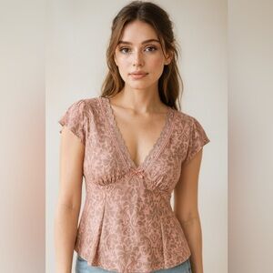 Linea Donatella Pink Paisley Babydoll Blouse Women’s M Y2K Lace Trim Coquette